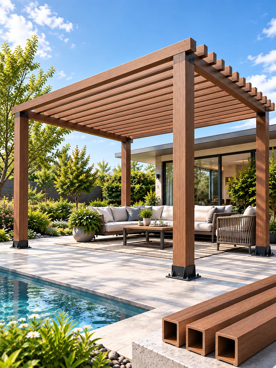 WPC Pergola -rakenneopas: jännerajat, apurungon suunnittelu ja materiaalien vertailu