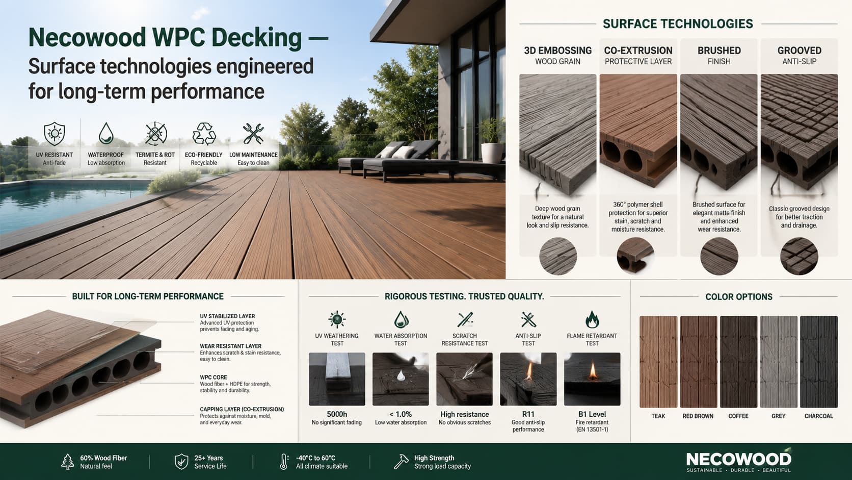 Necowood WPC decking surface technologies