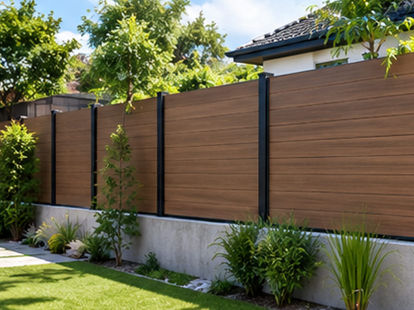 NECOWOOD ASA WPC outdoor wall panel on private courtyard garden wall and privacy screen